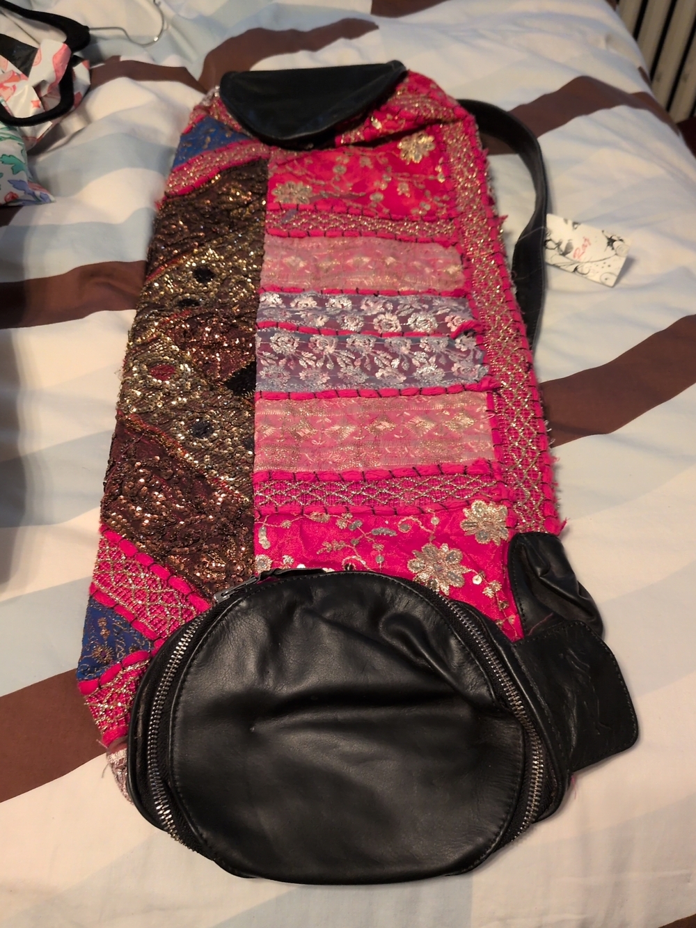 Raj Embroidered Pink Patchwork Sling Tote with Black Vegan Leather Trim
